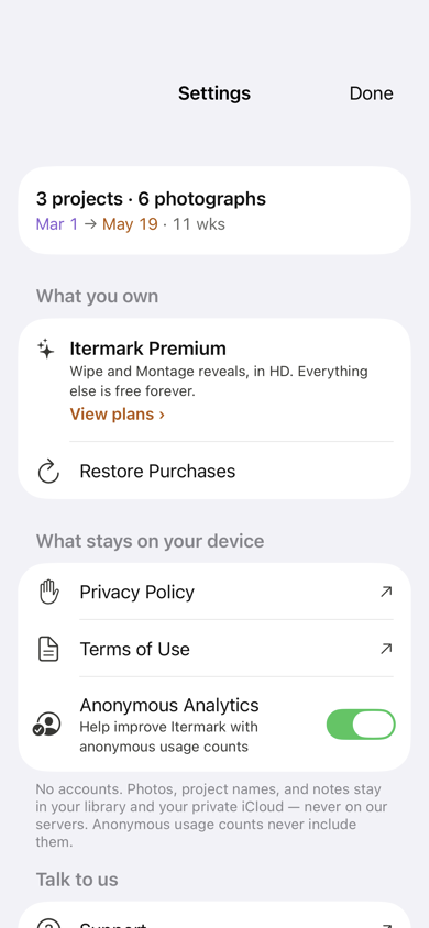 Itermark's Settings screen: a Share Usage Counts switch above the note that photos, project names, and notes stay on the device unless shared.